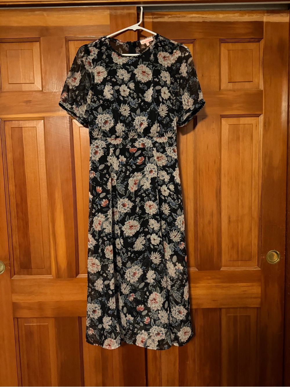 re:named Black Floral Midi Dress with Puff Sleeves